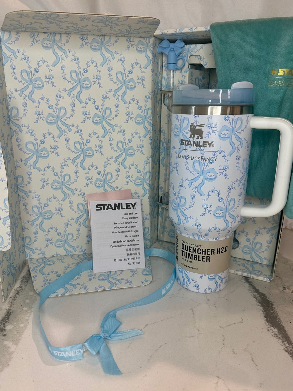 Stanley White and Light Blue Ribbon-Print Quencher Tumbler